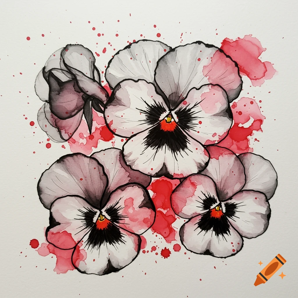 Watercolor painting of pansy flowers with black ink outlines and red splatters.