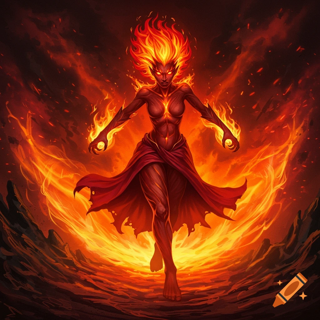 A fire goddess wreathed in flames.