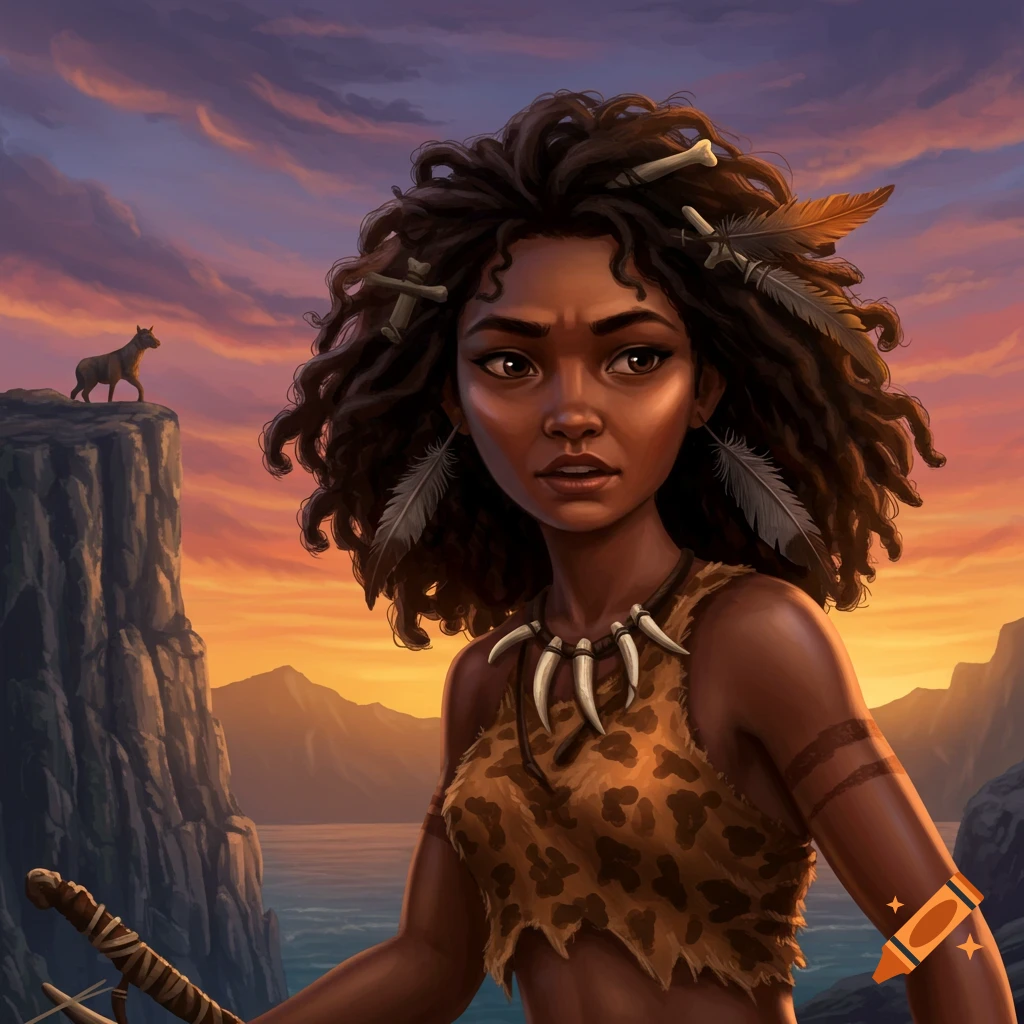 A young cavewoman with feathers and bones in her hair stands near a cliff at sunset.