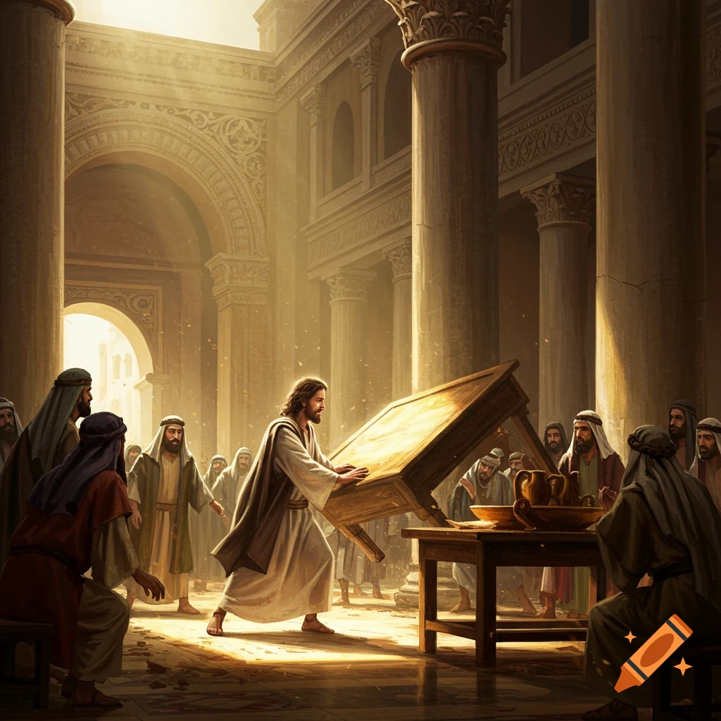 Jesus flipping tables in a grand temple with pillars and onlookers.