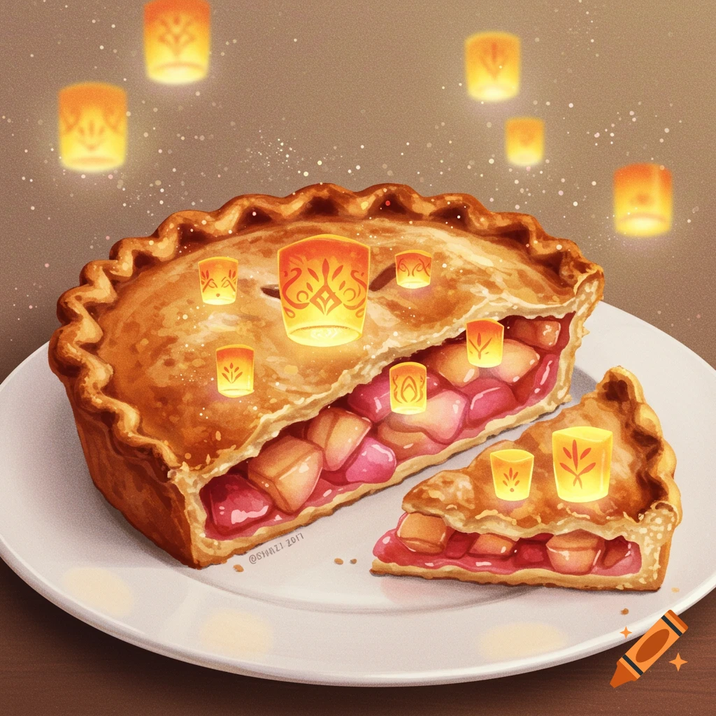 Illustration of a slice of apple pie decorated with glowing fantasy lanterns