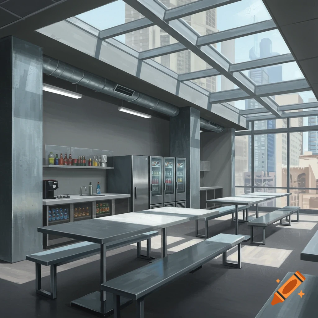 A modern highrise breakroom with skylights and a city view.