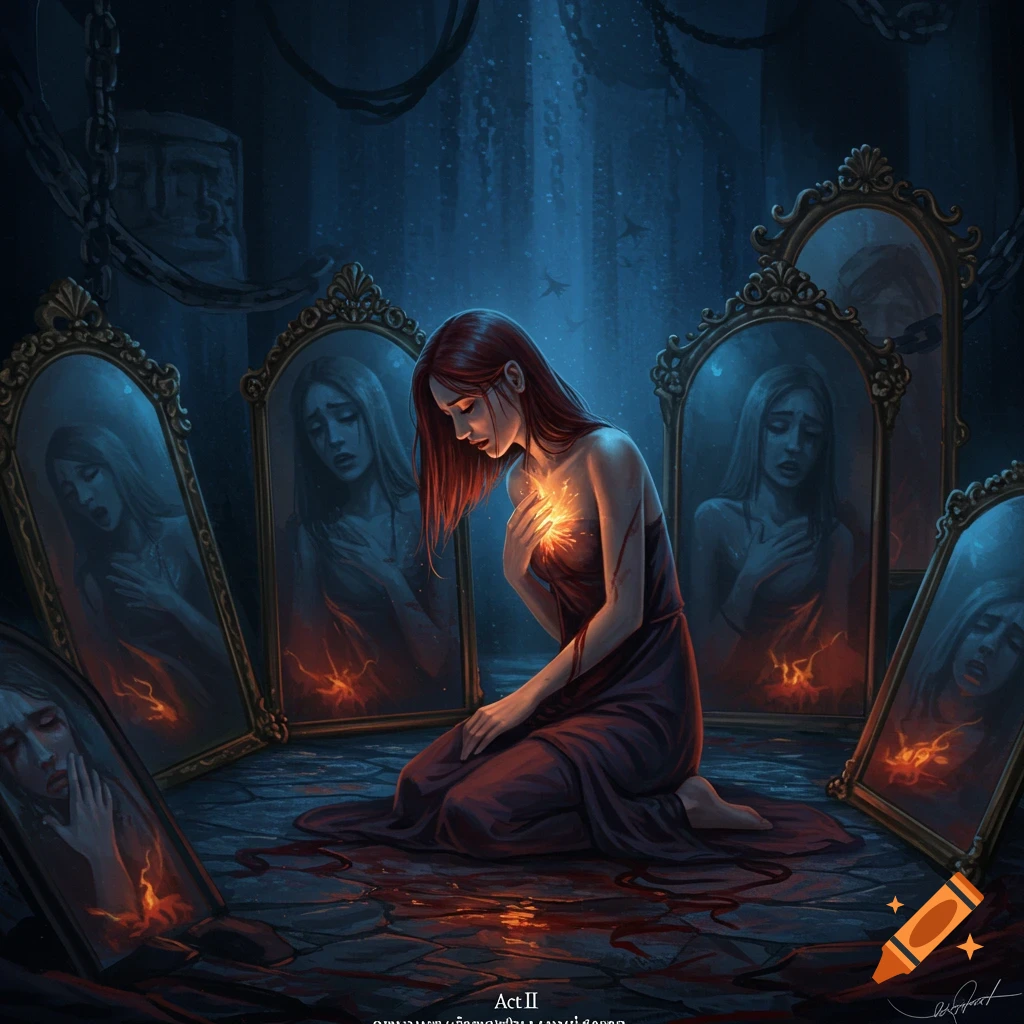 A woman kneels in a dark underworld, surrounded by mirrors, with light glowing in her chest