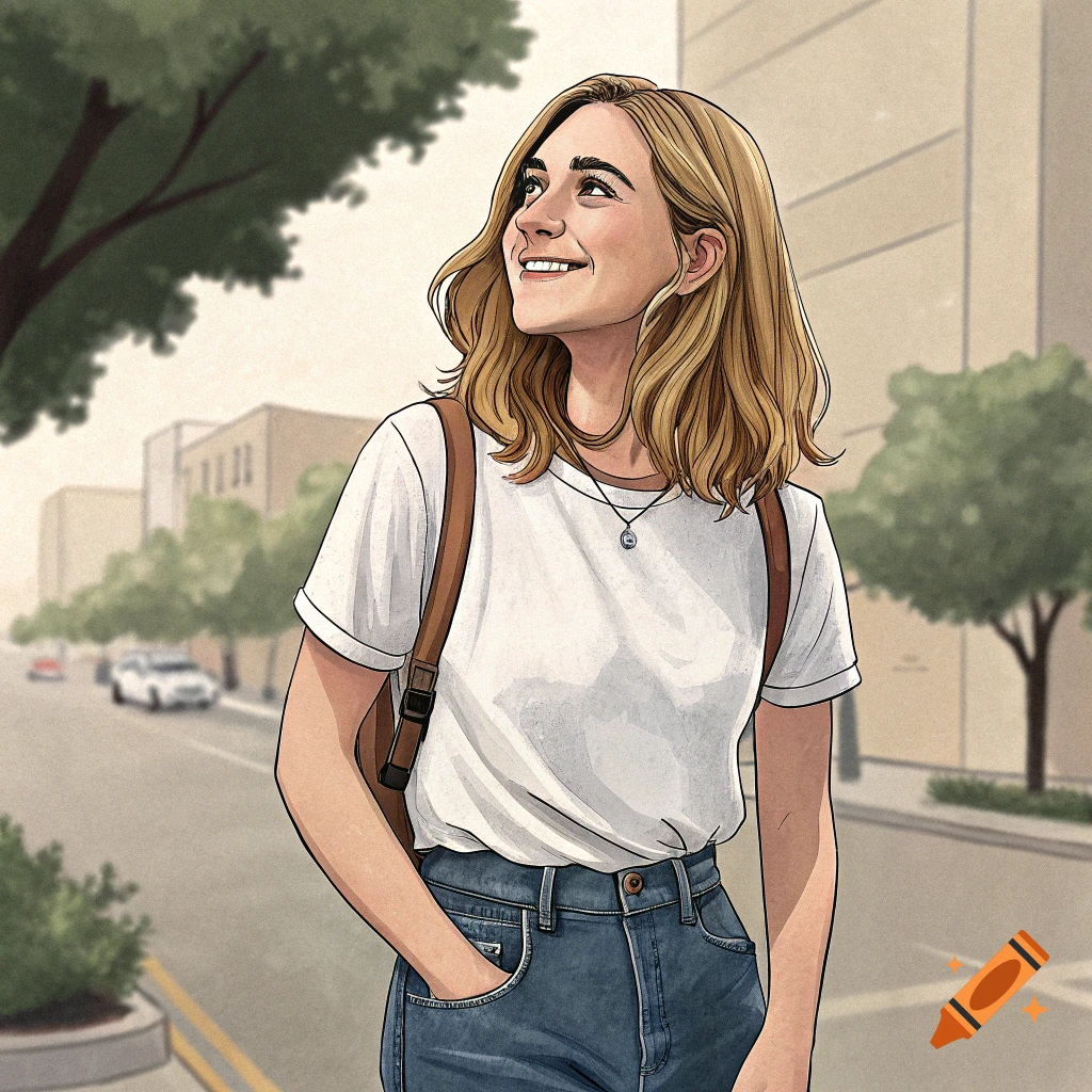Illustration of a woman with a backpack walking on a city street