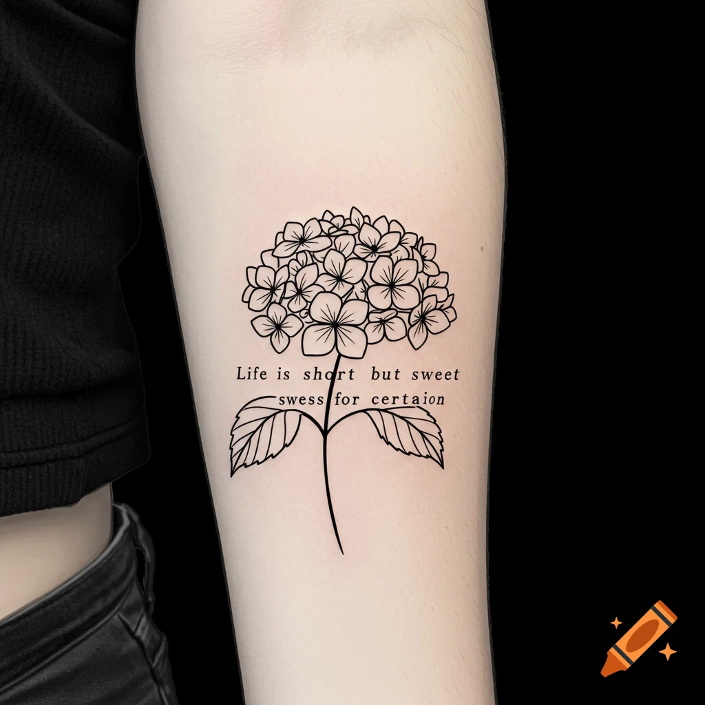 Black and white simplistic line art tattoo of a hydrangea and text on an arm.