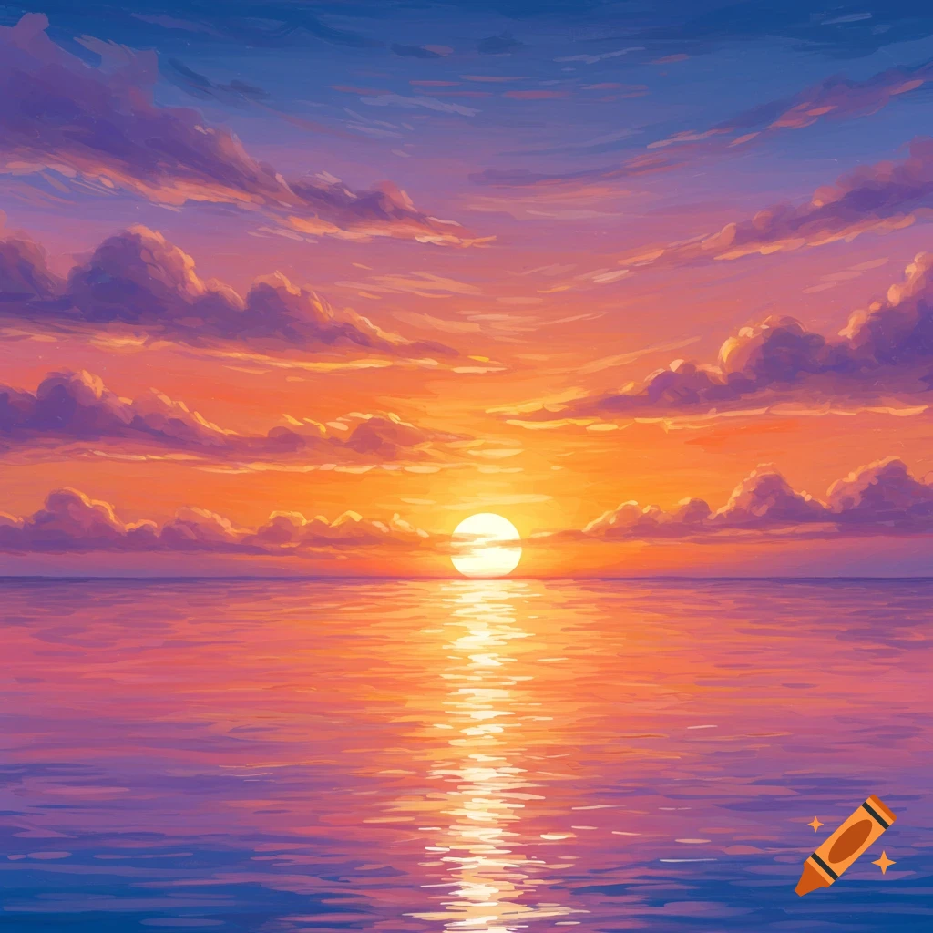 A vibrant sunset over the ocean with colorful clouds and reflection.