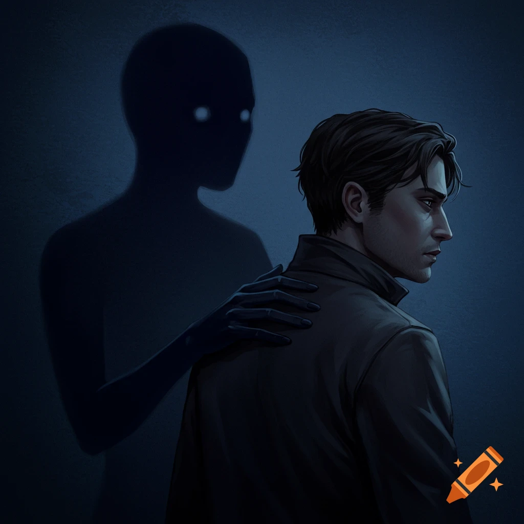 A man with a shadowy figure touching his shoulder.