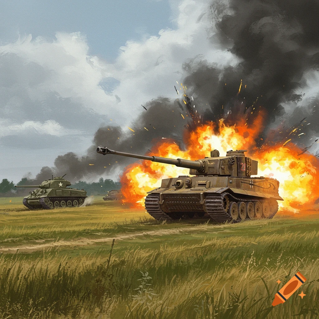 Two military tanks in a field, one engulfed in a large explosion.