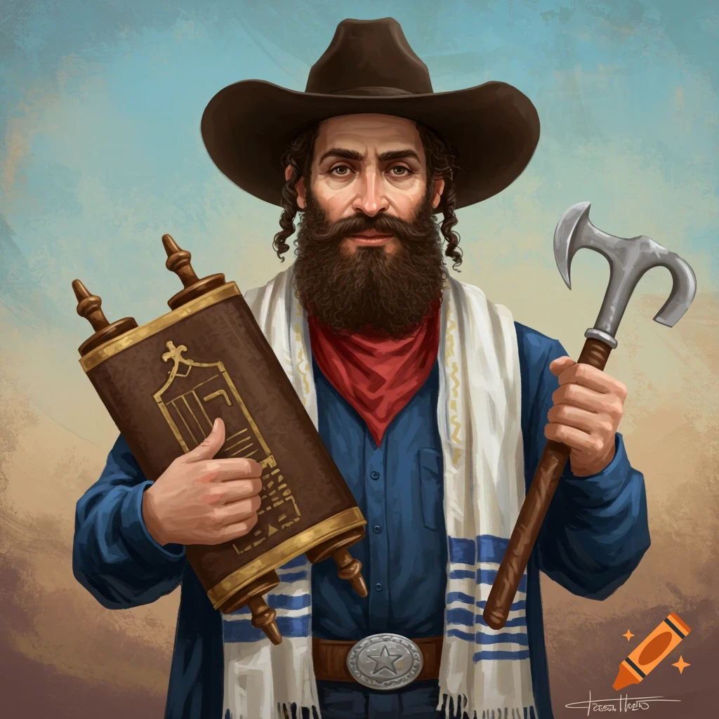 A man in a cowboy hat, blue shirt, red bandana, and tallis prayer shawl, holding a Torah scroll and an axe-like tool.