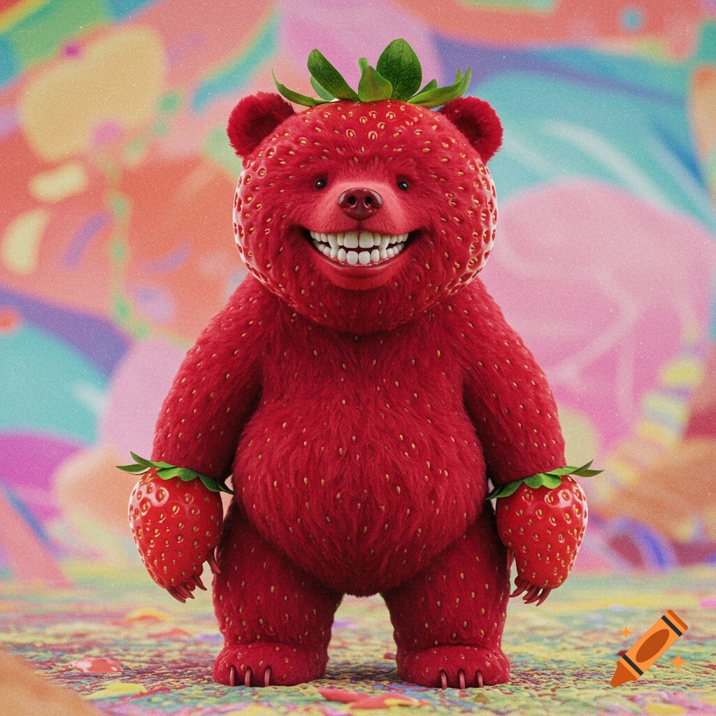 A red, fuzzy bear creature covered in strawberry seeds, with strawberry hands and leaves on its head, smiling in a colorful background.