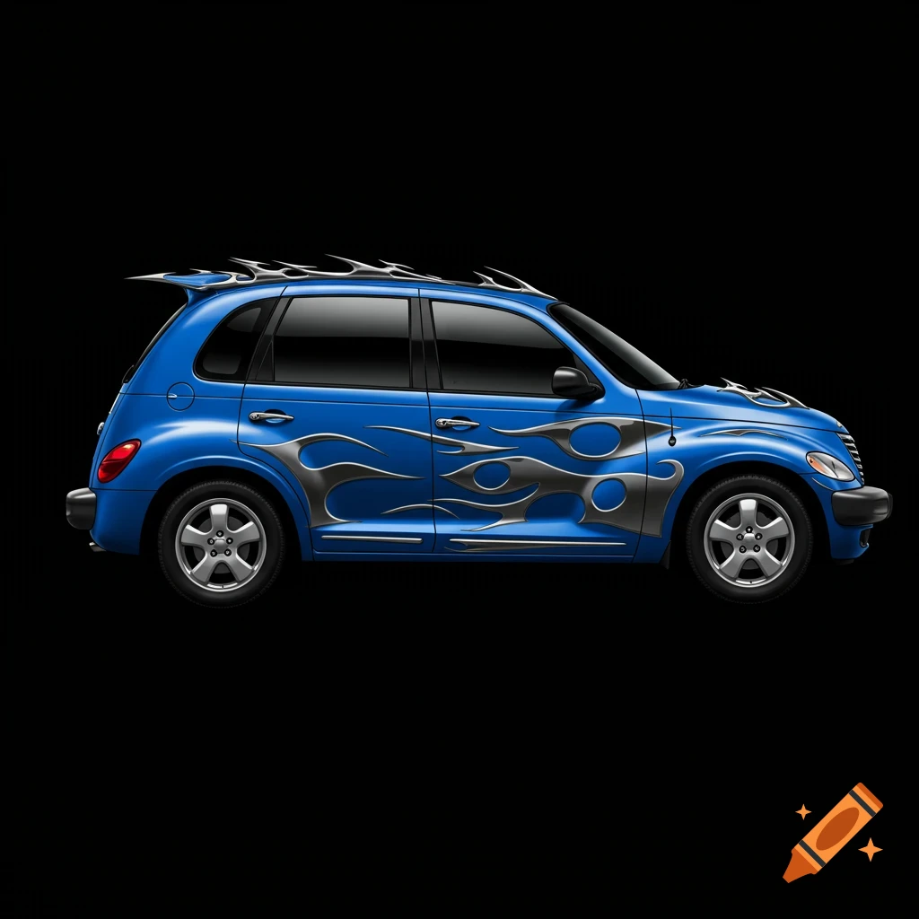 Image of a blue PT Cruiser car with silver metallic flames on the side.