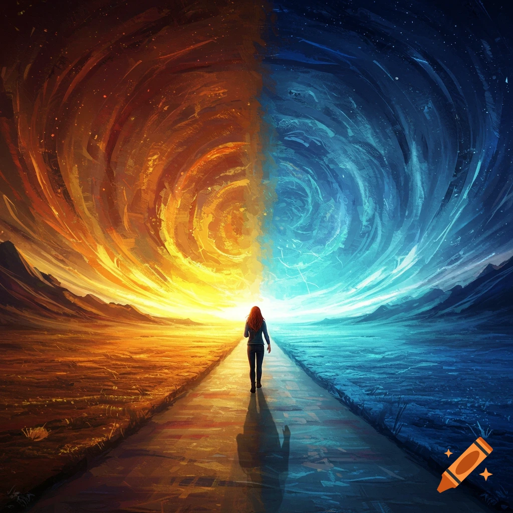 Person walks on path split between fiery orange and swirling blue landscapes.