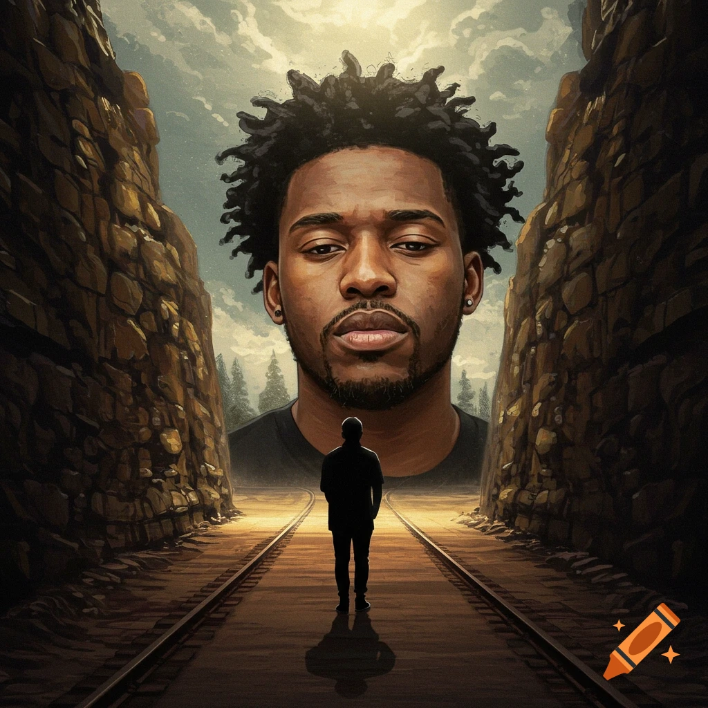 A large portrait of a man hovering over a silhouette figure walking on train tracks between rocky cliffs.