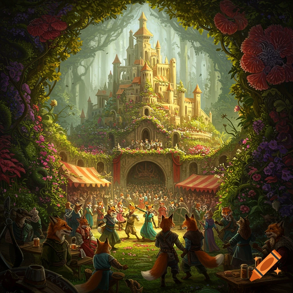 Anthromorphic foxes at a vibrant festival in a forest clearing below an overgrown fantasy castle.