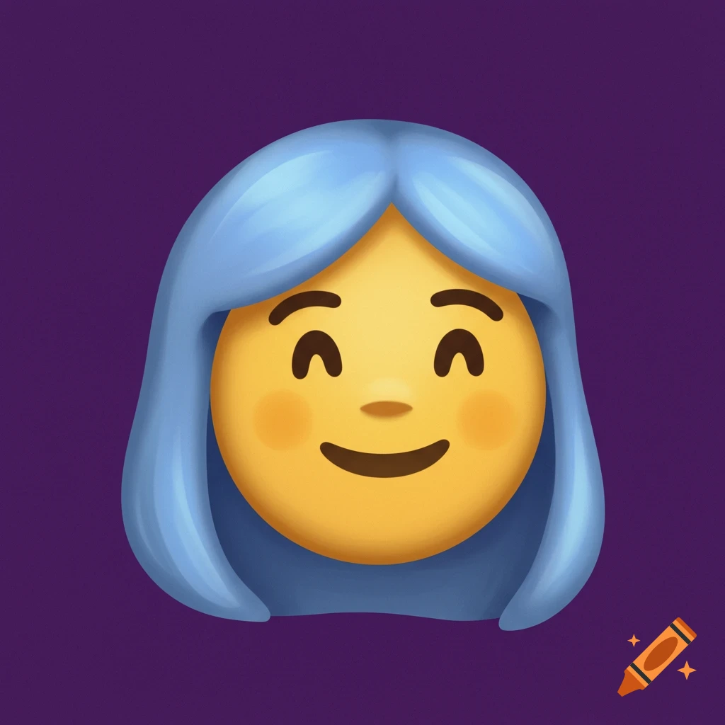 An emoji-style illustration of a smiling face with blue hair against a purple background.