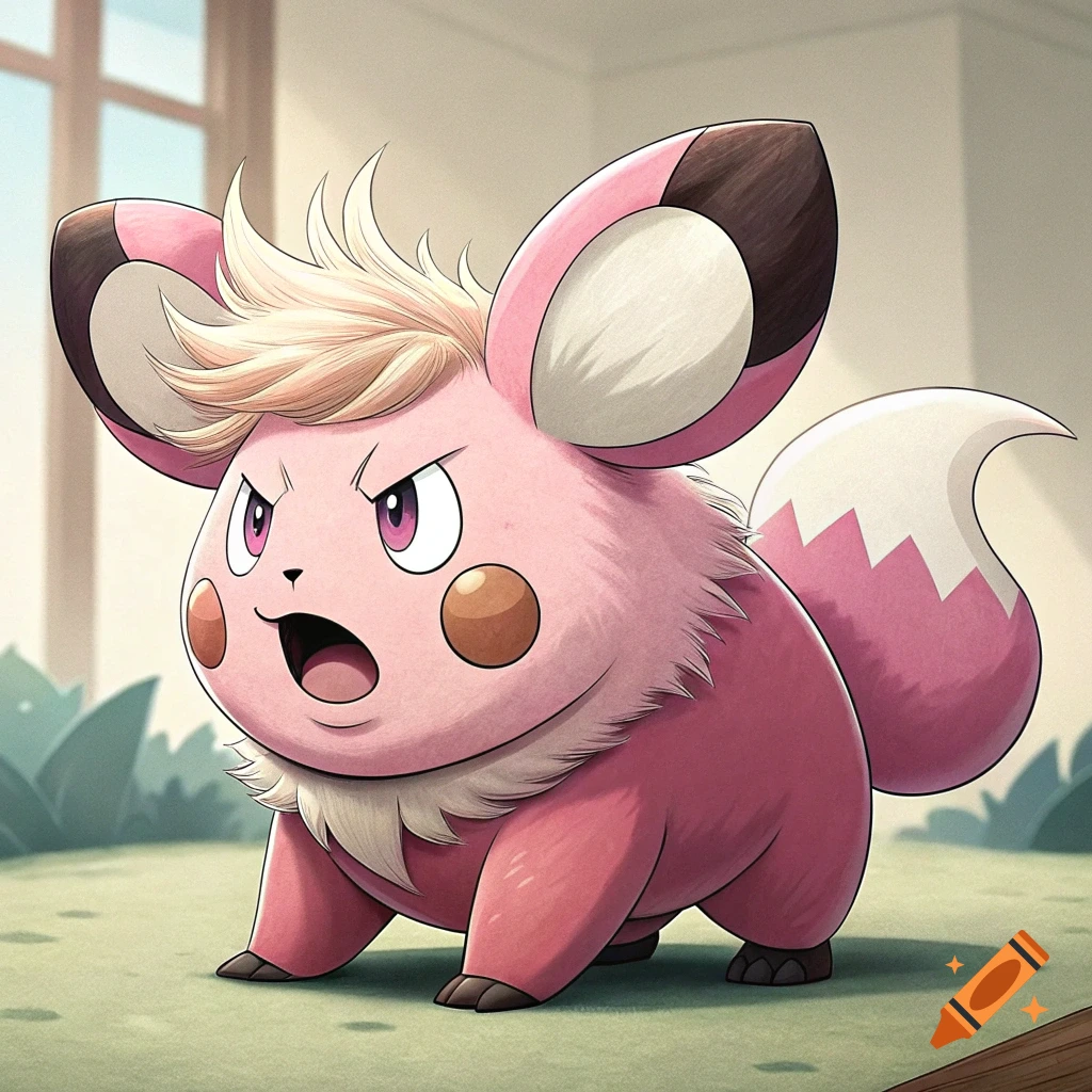 A pink, fluffy cartoon creature resembling a Pokemon stands in a room, looking grumpy.