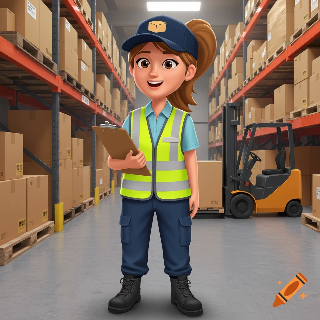 A cheerful cartoon female warehouse worker in a yellow safety vest holds a clipboard and smiles in a warehouse.
