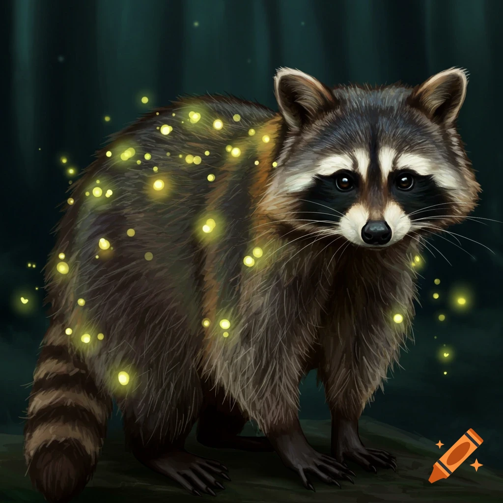 A raccoon covered in glowing fireflies in a forest.