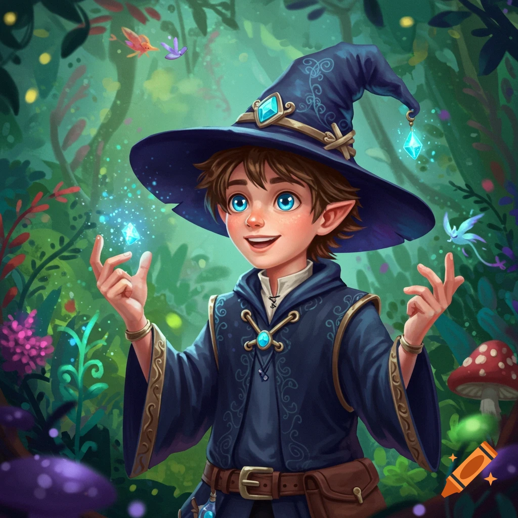 A young boy dressed as a wizard, holding a glowing crystal in a magical forest.