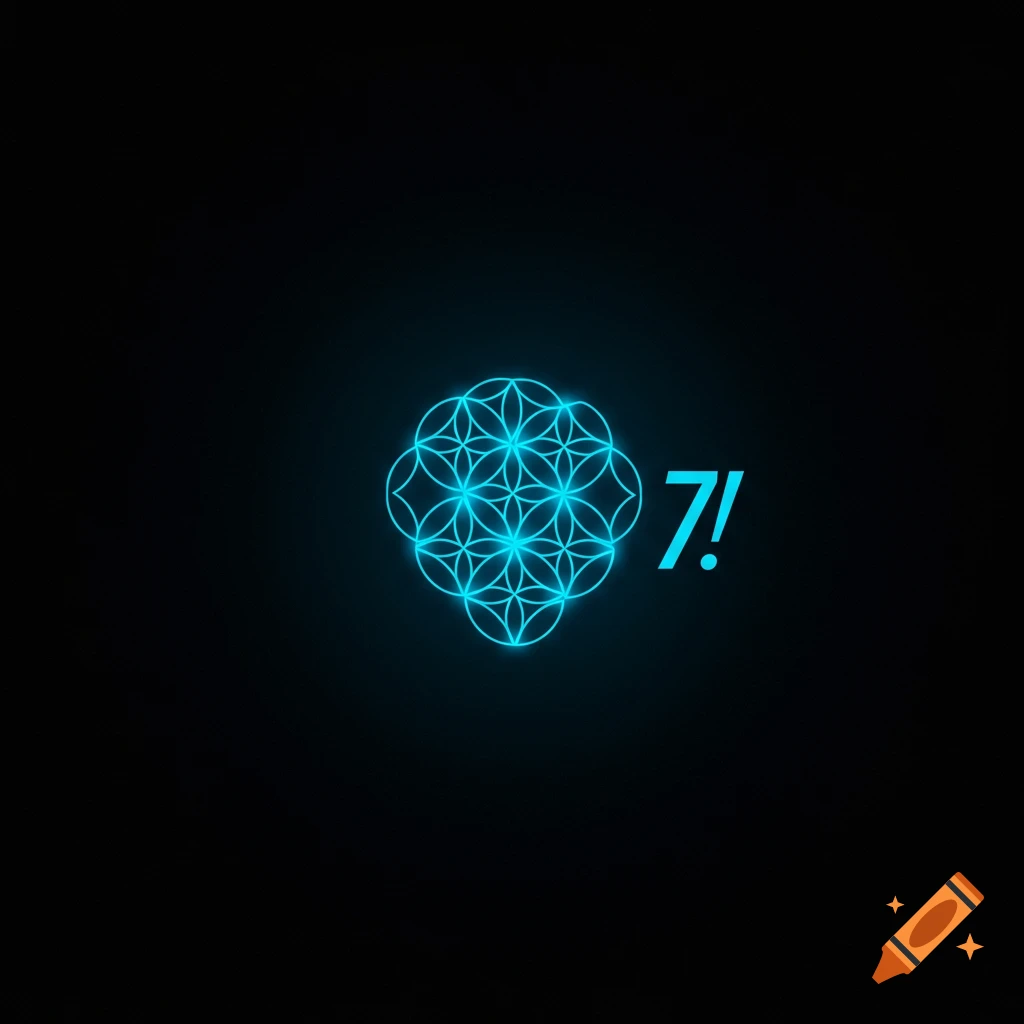 A glowing blue geometric pattern, like a Seed of Life, next to the text 7! on a black background.