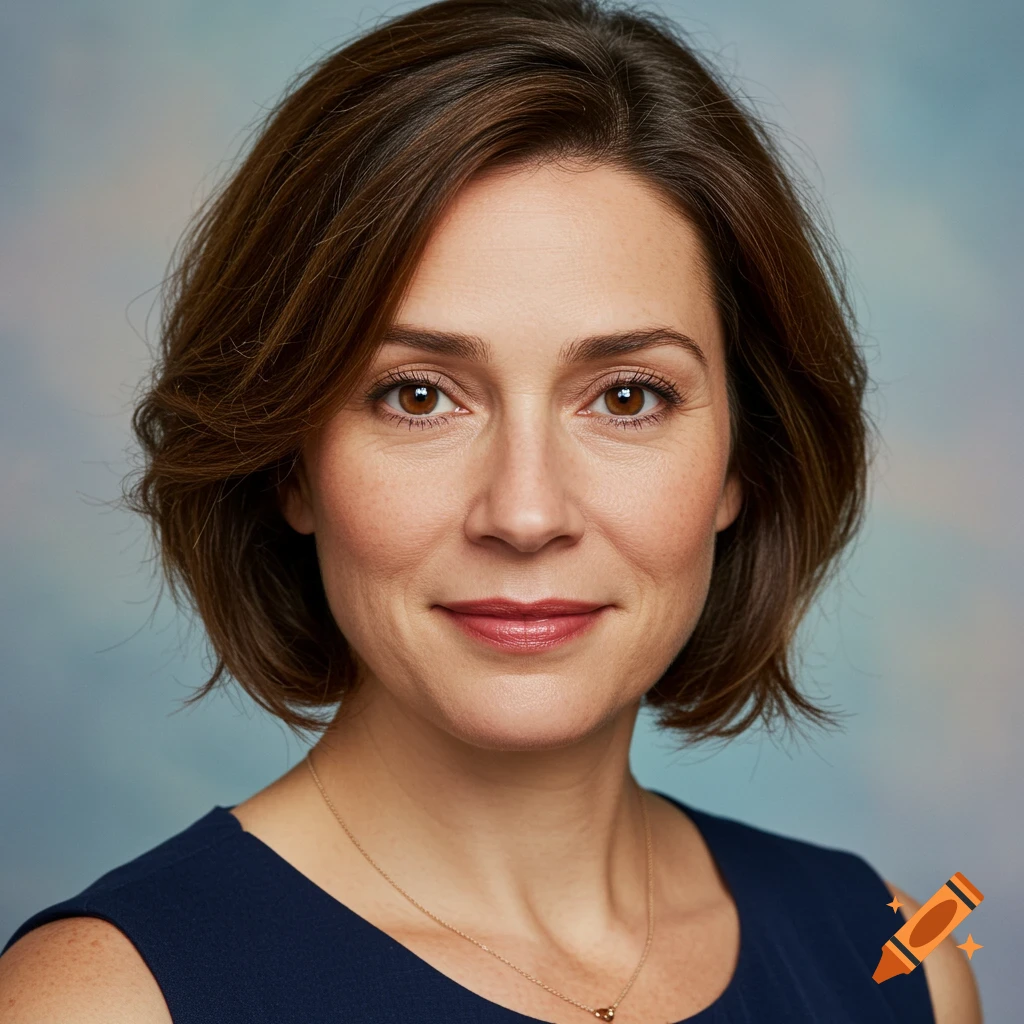Photorealistic portrait of a woman with short brown hair against a blue background.
