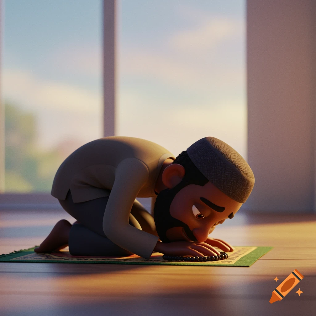 A cartoon man in Pixar style kneels on a prayer rug, praying with his head to the ground.