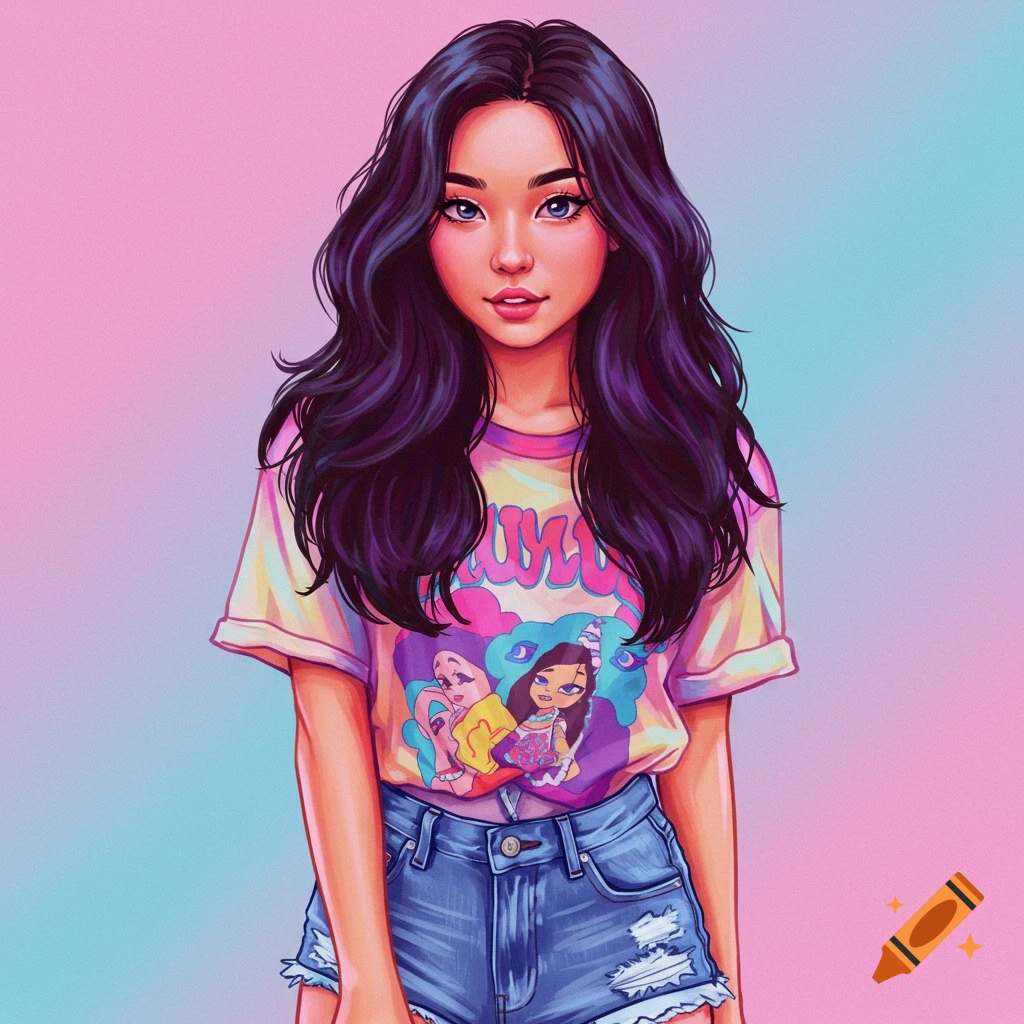 A young woman with long dark hair wears a colorful printed t-shirt and denim shorts against a gradient background.