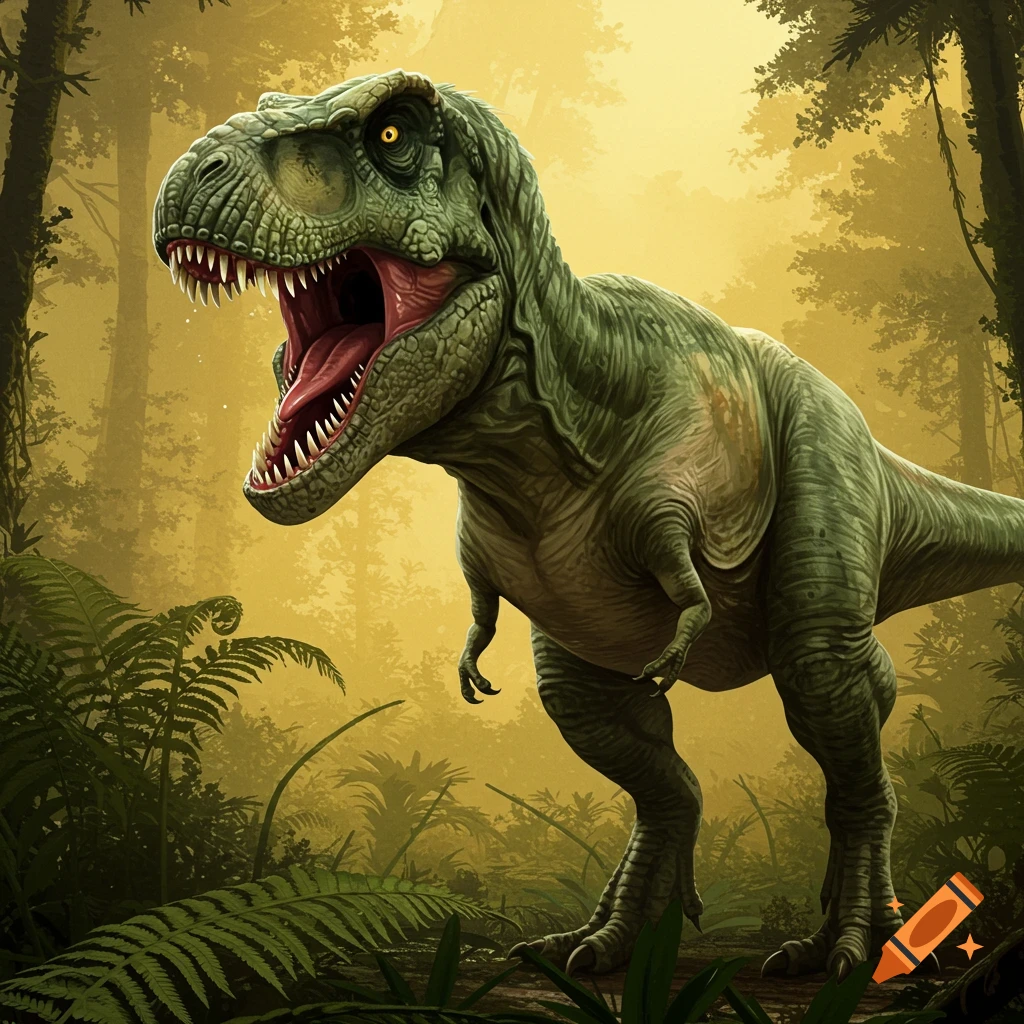 A green T-Rex with its mouth open stands in a jungle.