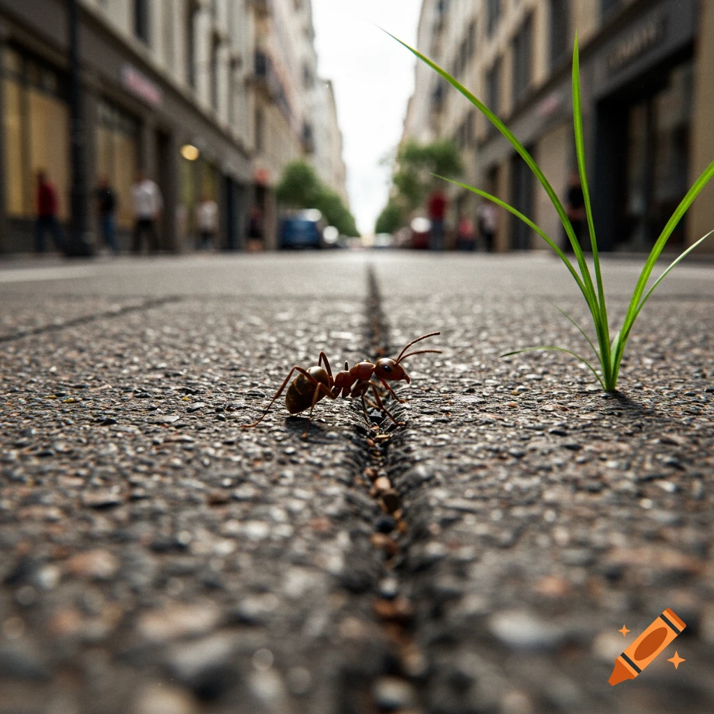 An ant walks along a crack in a city street, seen from a low angle.