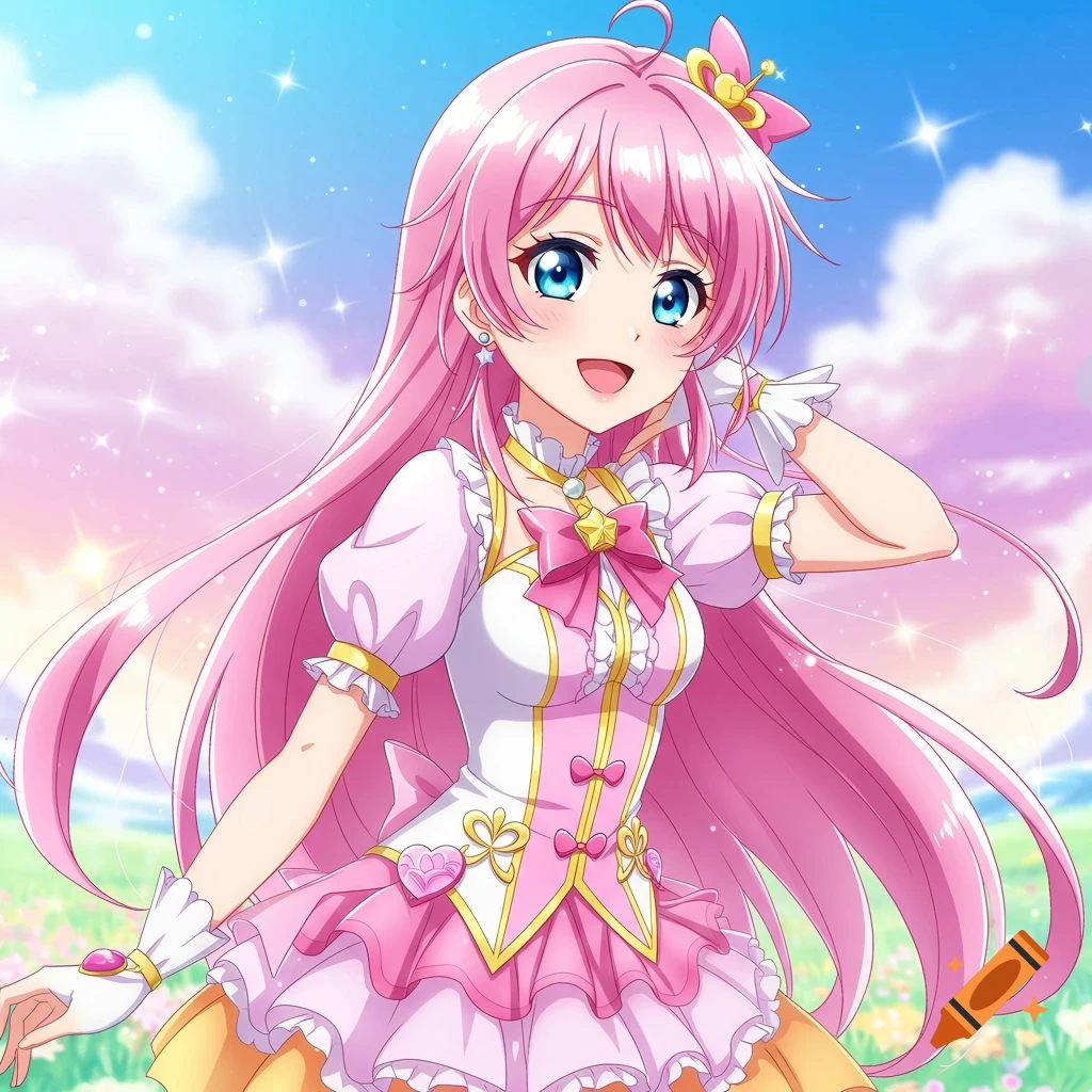 Anime girl with pink hair and blue eyes in a frilly pink dress stands outdoors with sky and flowers.