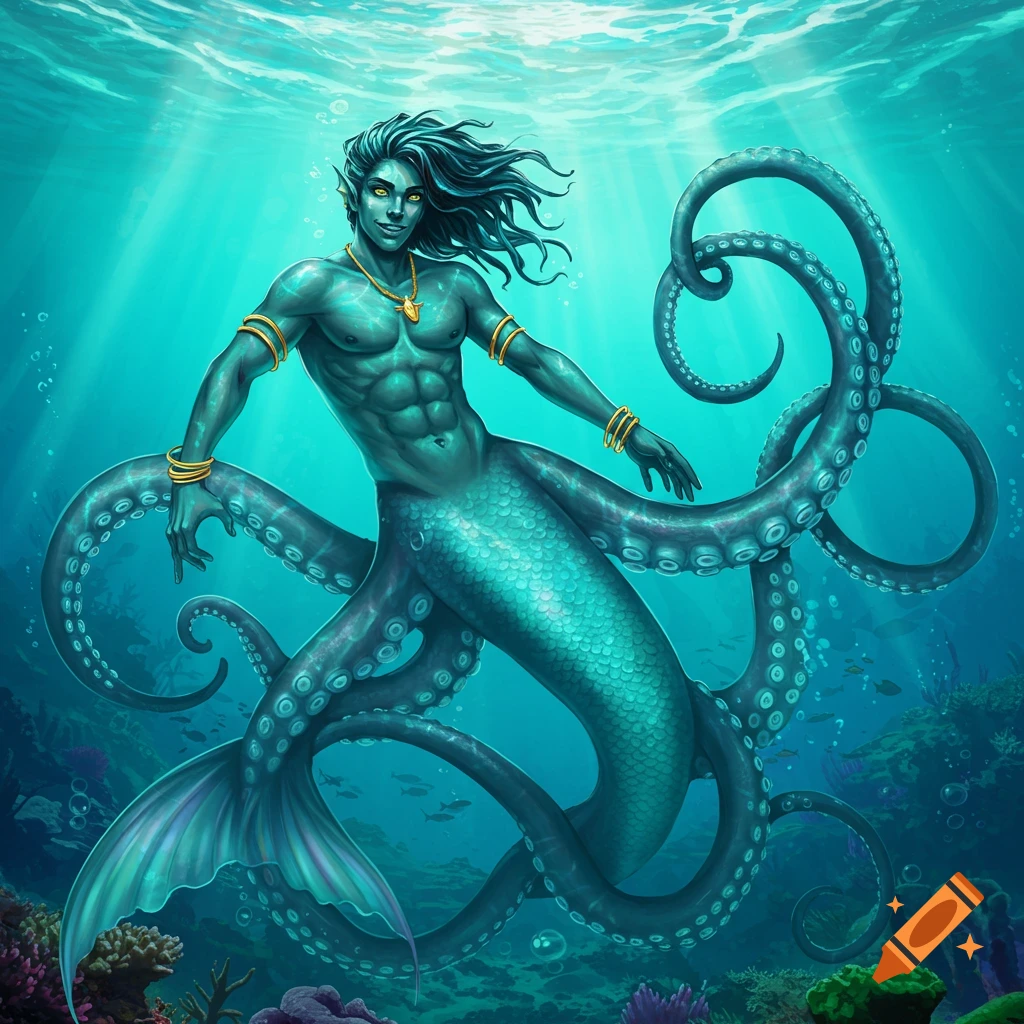 Painting of a muscular merman with octopus tentacles for a lower body swimming underwater.