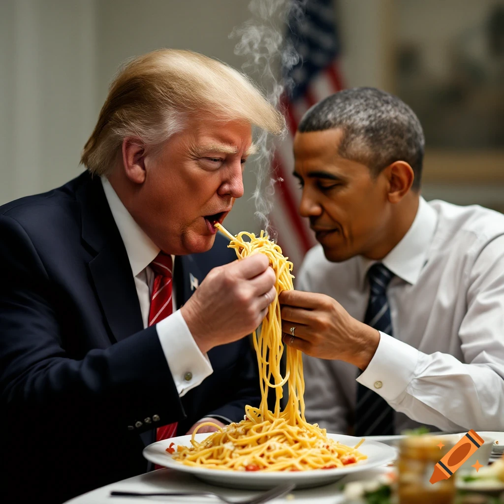Donald Trump and Barack Obama eating spaghetti together from a large plate.