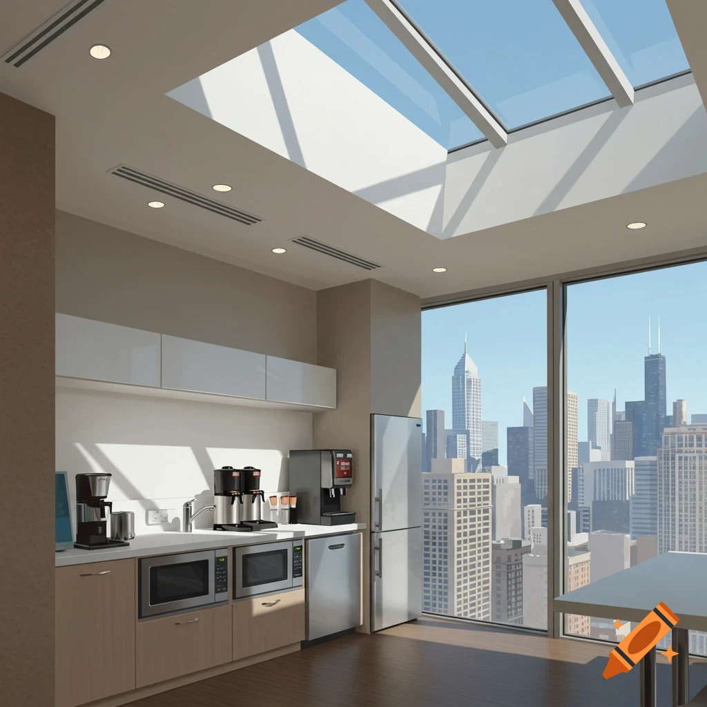 A modern office breakroom with a skylight and a view of a city skyline.