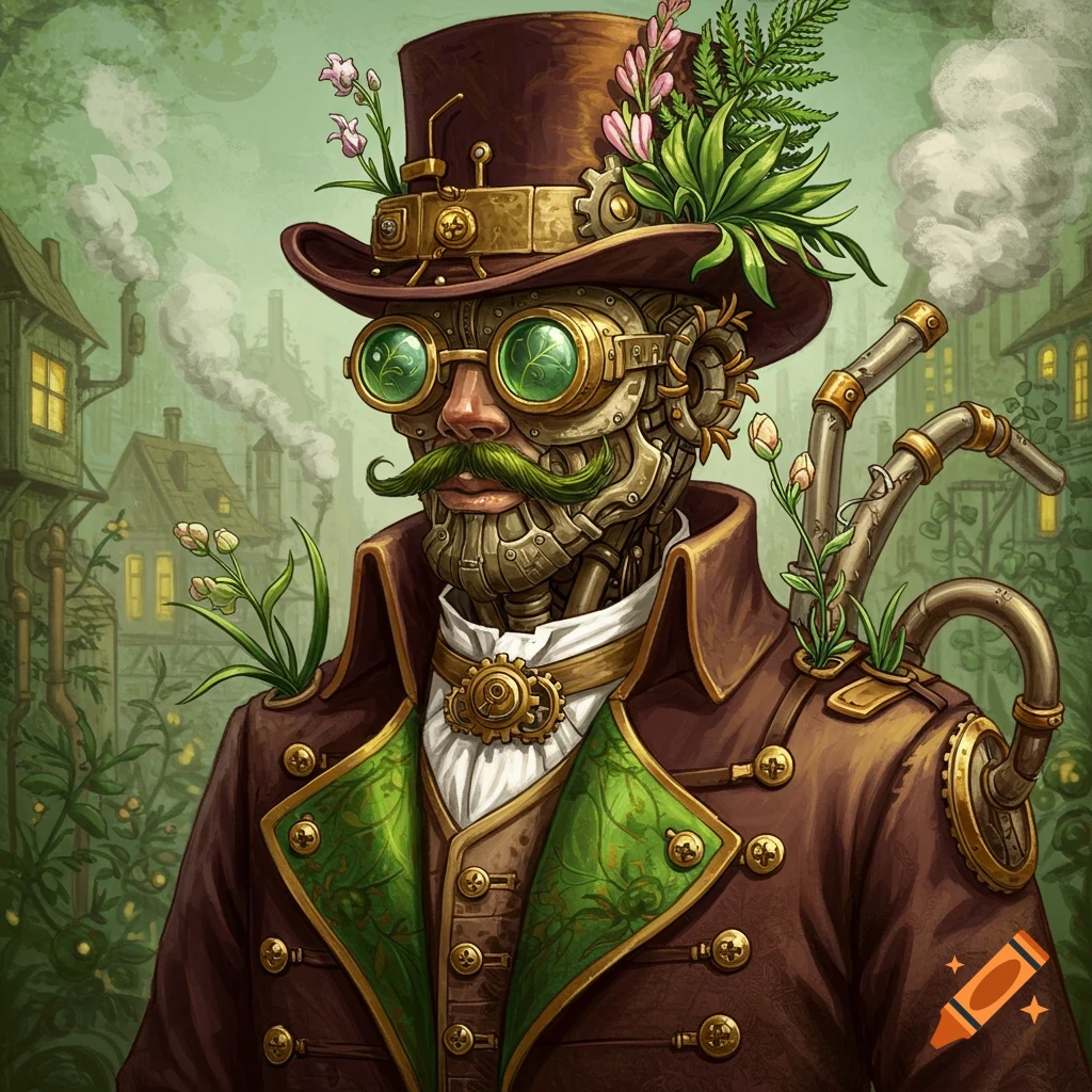 A steampunk man with a green moustache, hat, goggles, and plants.