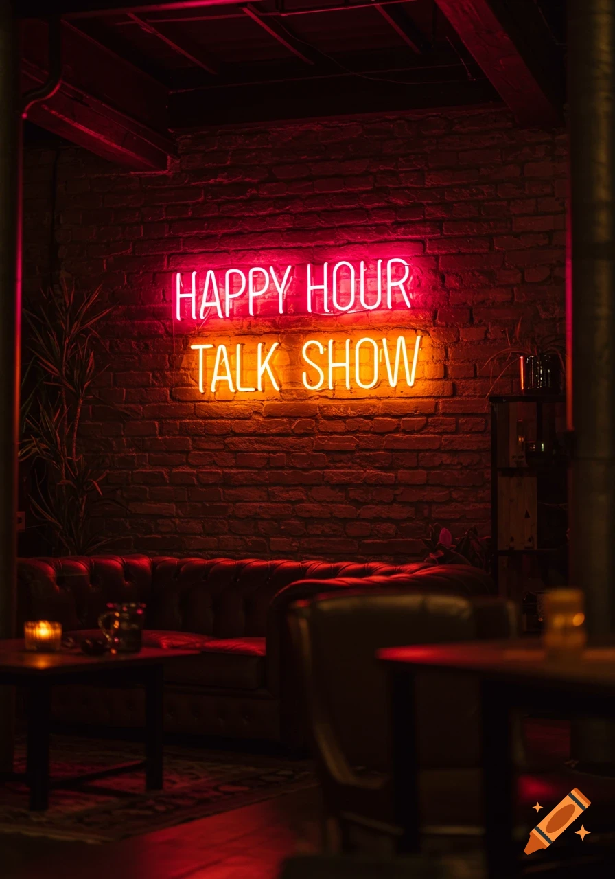 A neon sign reading 'Happy Hour Talk Show' on a brick wall in a dimly lit bar interior.