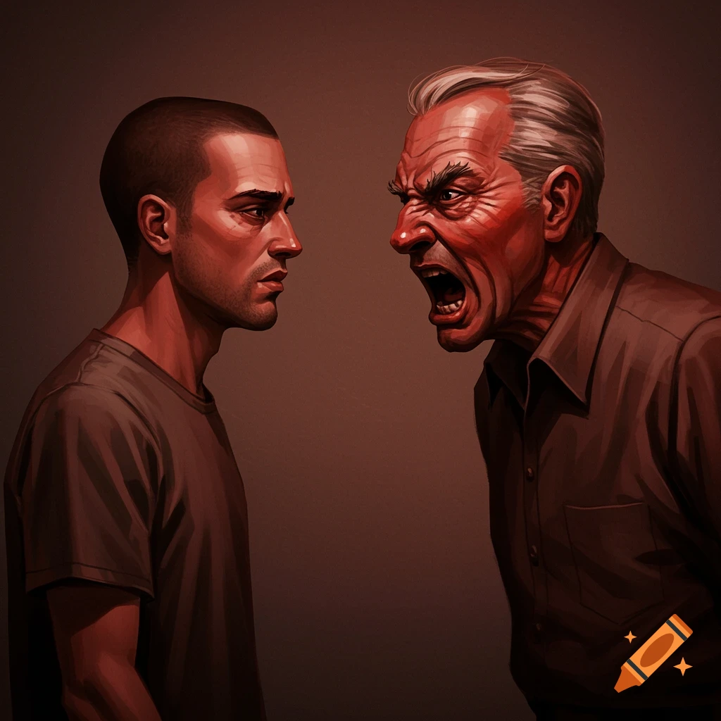 A younger man looks sadly at an older man yelling, in a dramatic high-contrast style.