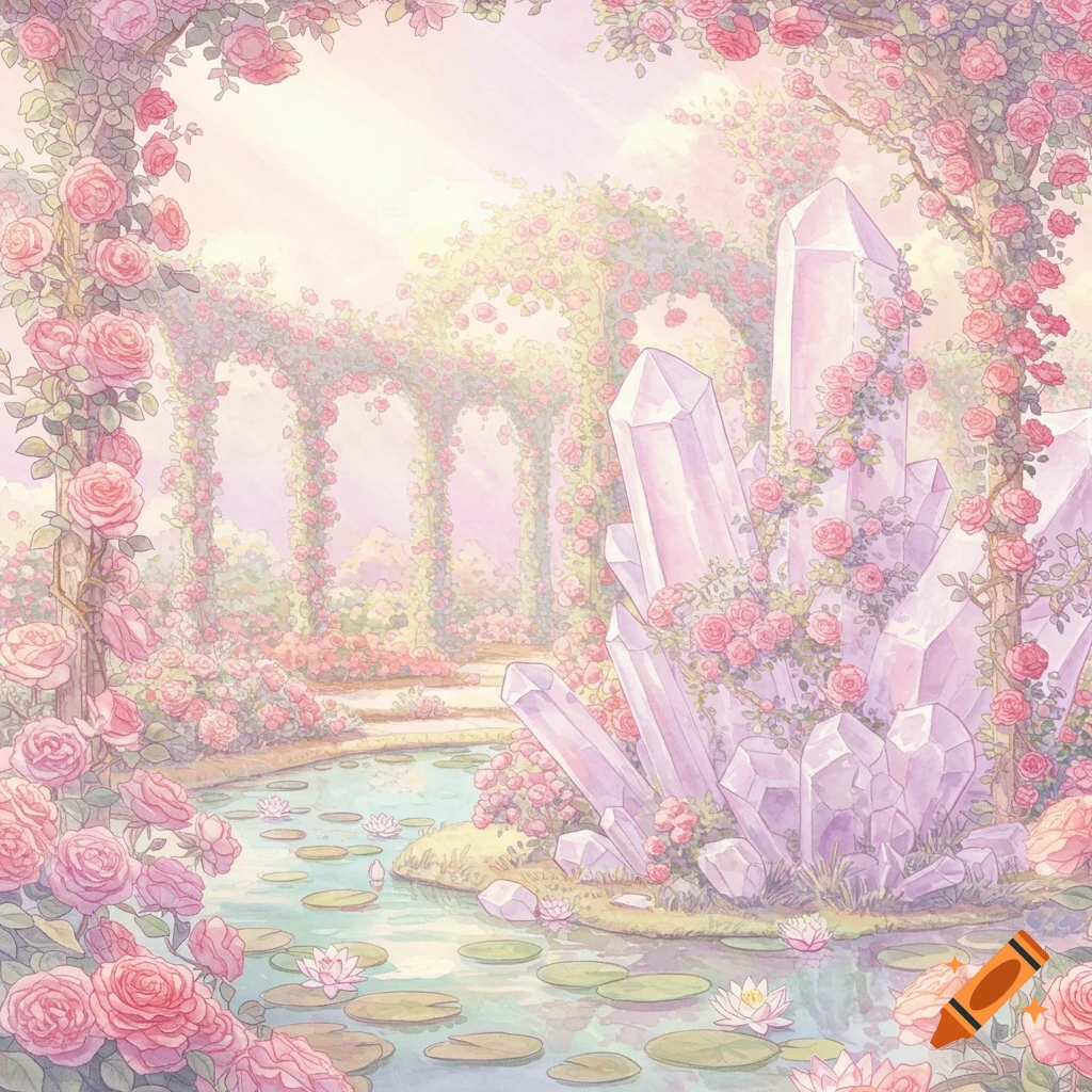 Pastel watercolor garden with rose arches, large crystals covered in roses, and a pond with lily pads.