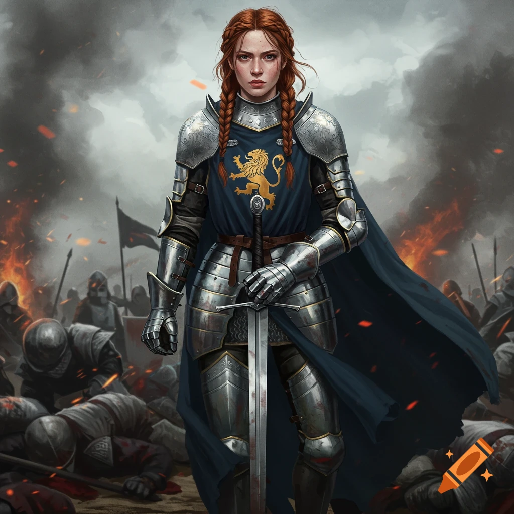 A female knight in shining armor stands on a battlefield, holding a sword. Fallen soldiers and smoke are in the background.