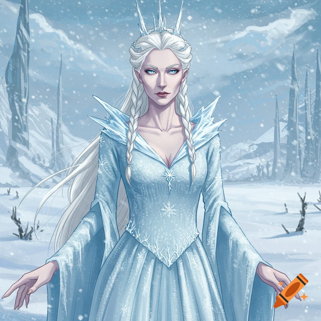 A fantasy ice queen with white hair and a blue dress casts a spell in a ...
