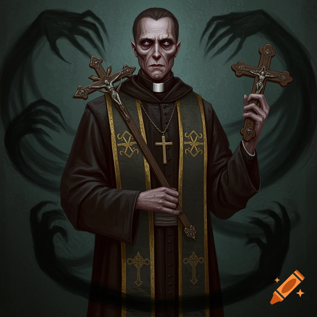 Dark fantasy illustration of a gaunt priest holding two crucifixes, surrounded by shadowy demon hands.