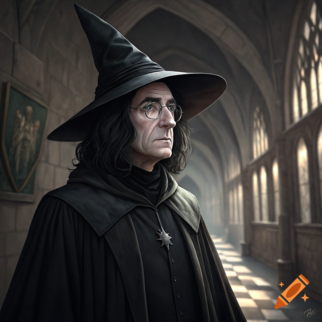 A person in a black wizard hat and robe stands in a castle hallway.
