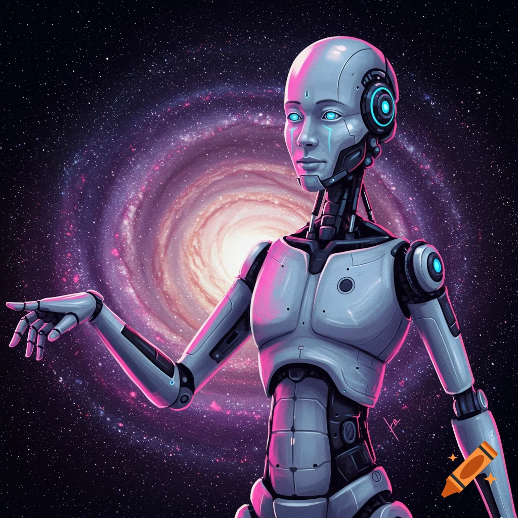 A robot stands in space with a large swirling galaxy behind it.