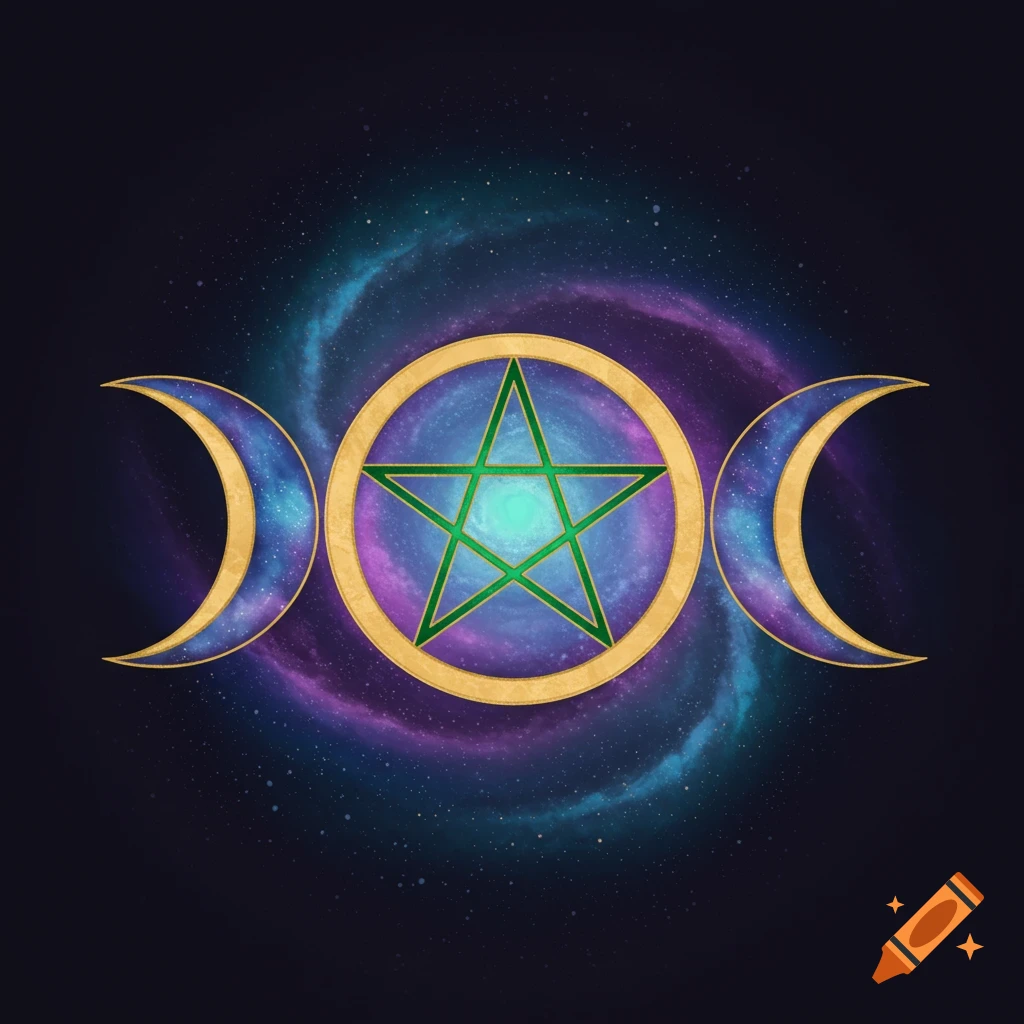 Triple moon symbol with a pentacle in the center against a galaxy background.