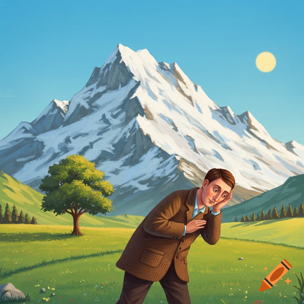 A man leans in a field with a large snowy mountain behind him.