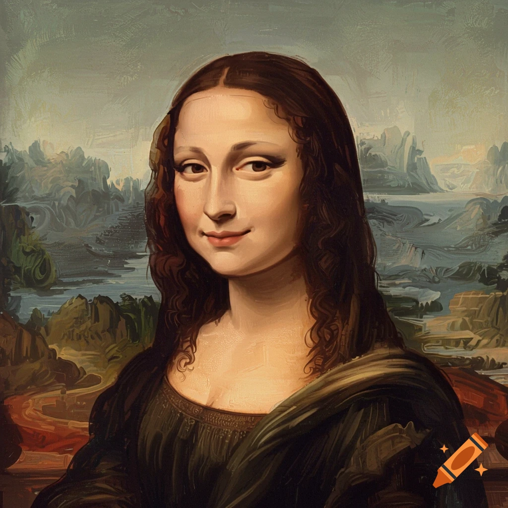 Painting of the Mona Lisa portrait with an abstract landscape background.