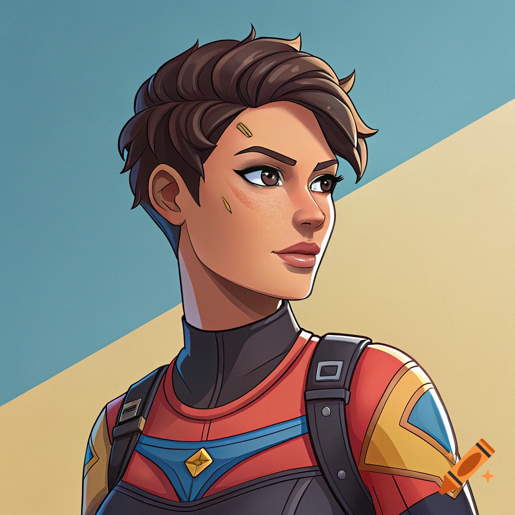 Stylized portrait of a female character with short brown hair wearing a red and black video game-style outfit.