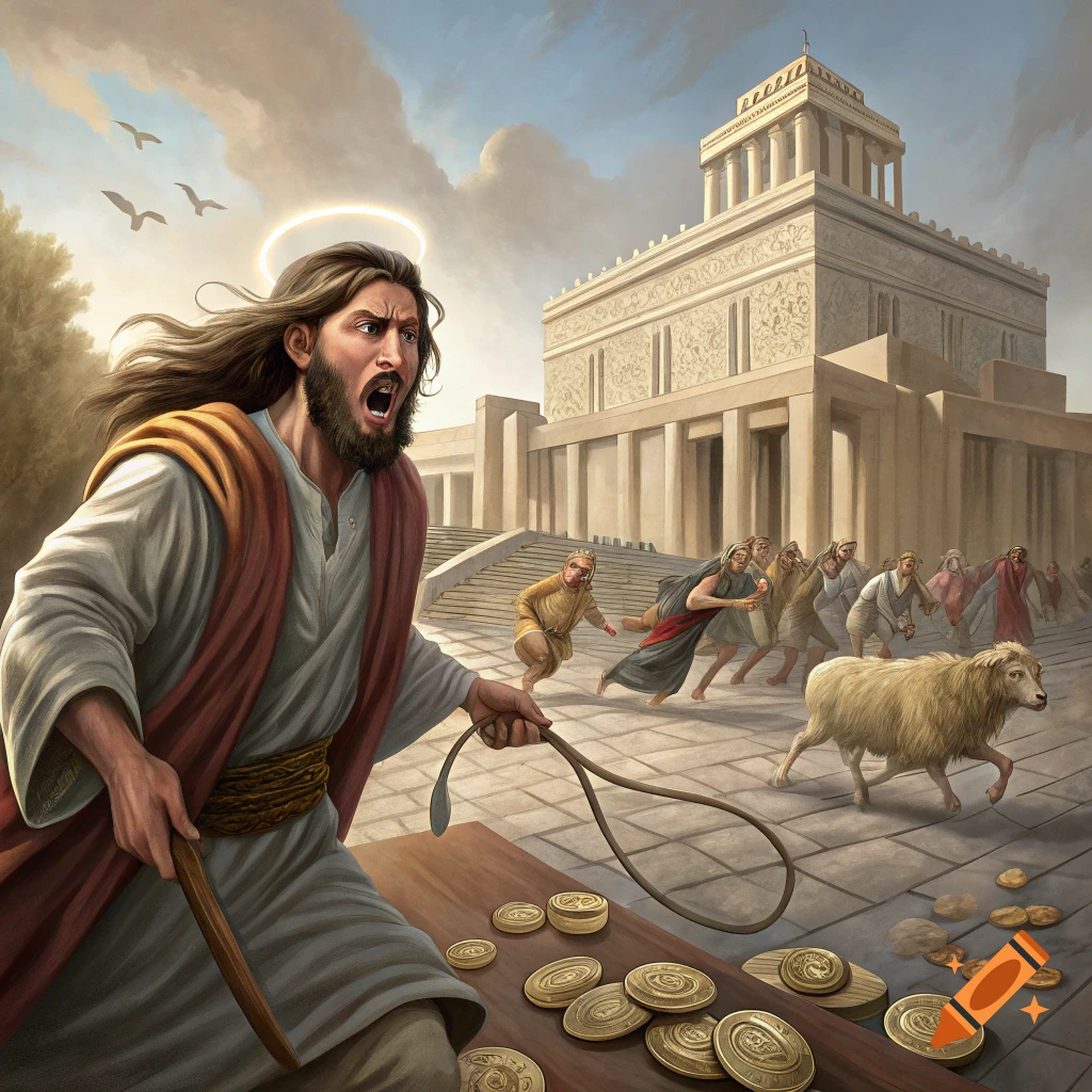 Illustration of Jesus with a whip driving people, a sheep, and spilling coins from a temple.