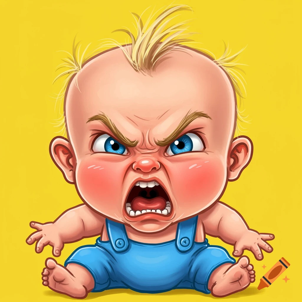 Cartoon illustration of an angry baby in blue overalls against a yellow background.