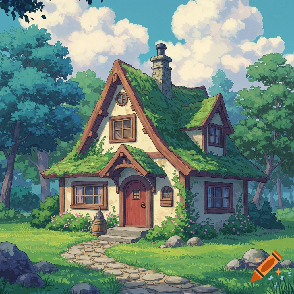 A cozy cottage with a mossy roof, surrounded by lush trees, flowers, and a stone path in Studio Ghibli style.