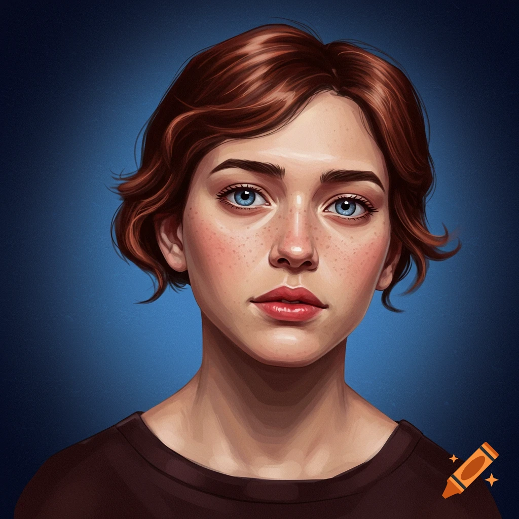 A young woman with blue eyes, freckles, and short brown hair.